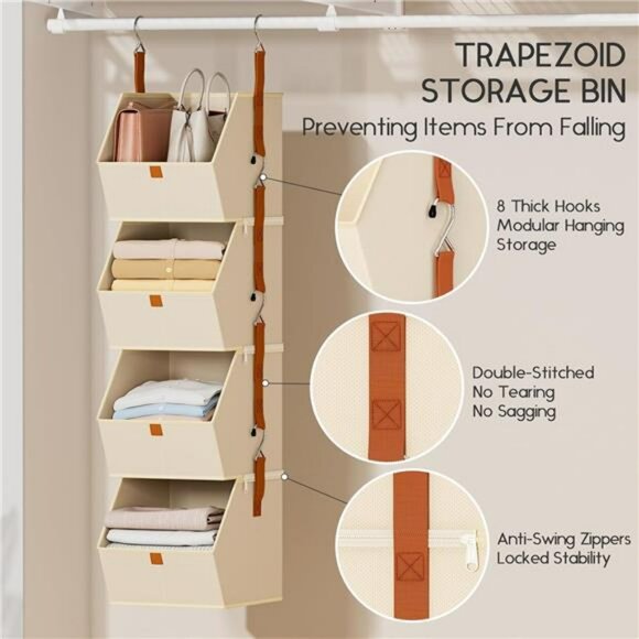 Hanging closet organizer 4 tier shelves with fabric storage bins bedroom dorm RV - Picture 4 of 8